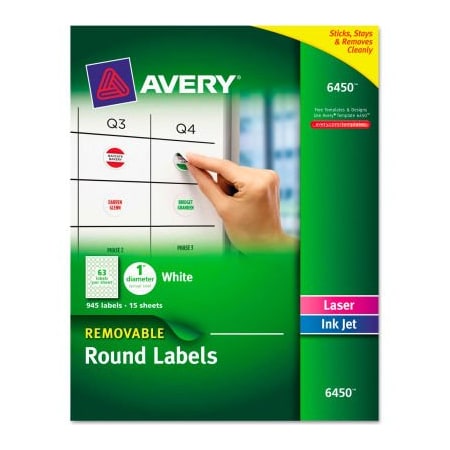 Avery Avery Removable Inkjet/Laser ID Labels, 1" Diameter, White, 945/Pack 6450